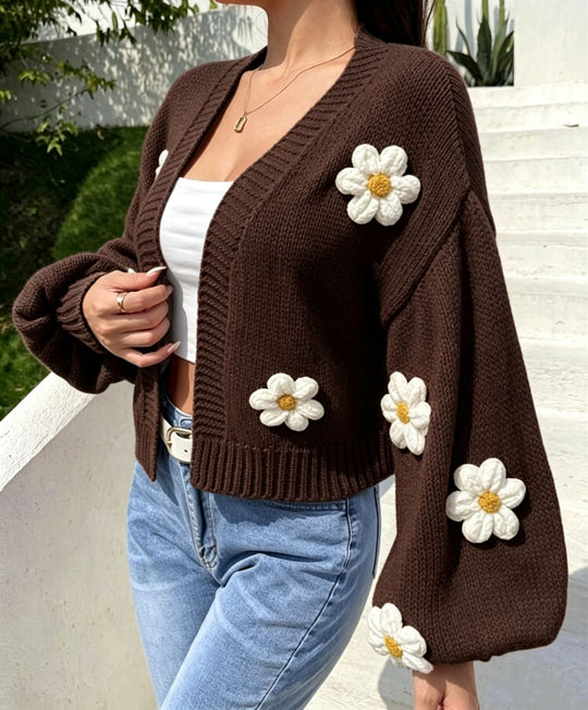 Damen Cropped-Cardigan aus Baumwollmix mit 3D-Blütenapplikationen EB
