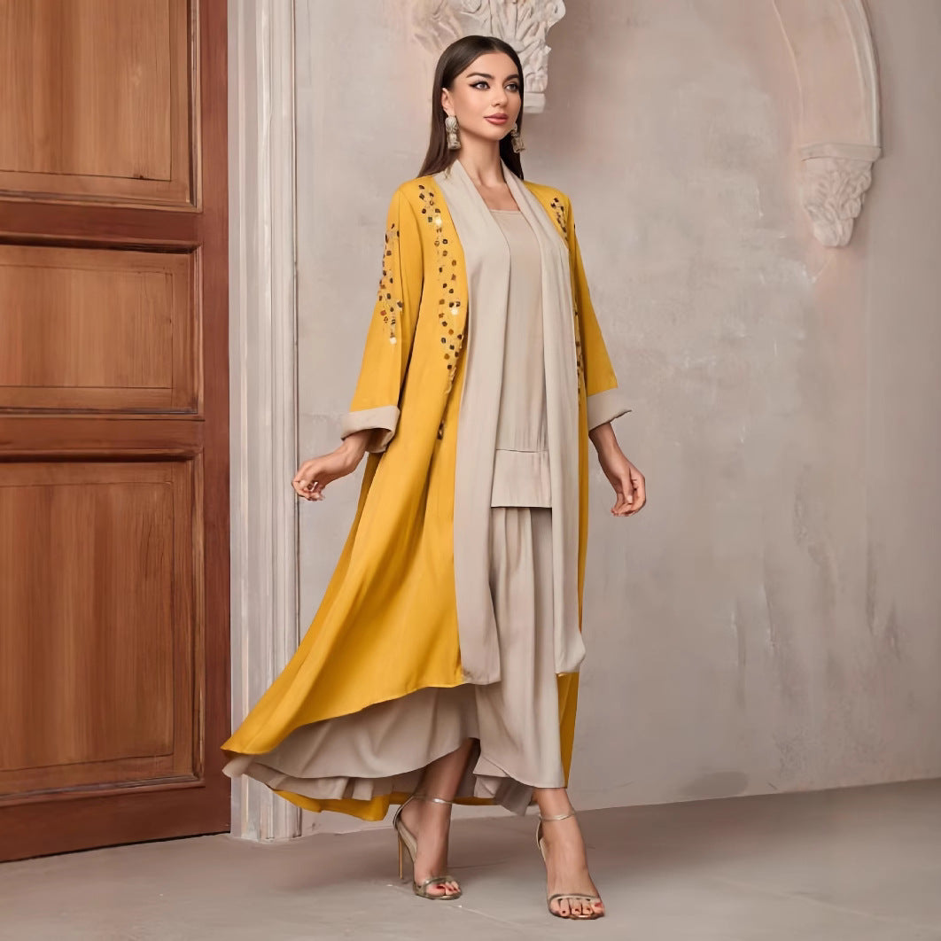 Damen Langarm-Kimono mit dekorativen Applikationen und asymmetrischem Saum EB