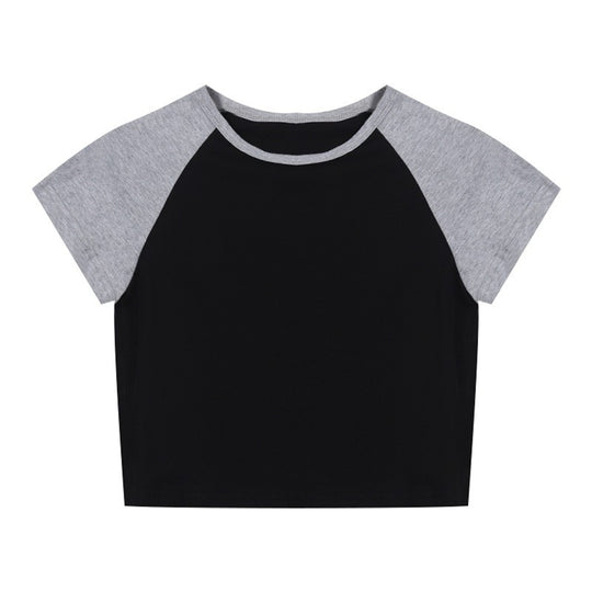 Damen Crop-Top mit kontrastierenden Ärmeln und angenehmem Baumwollmix