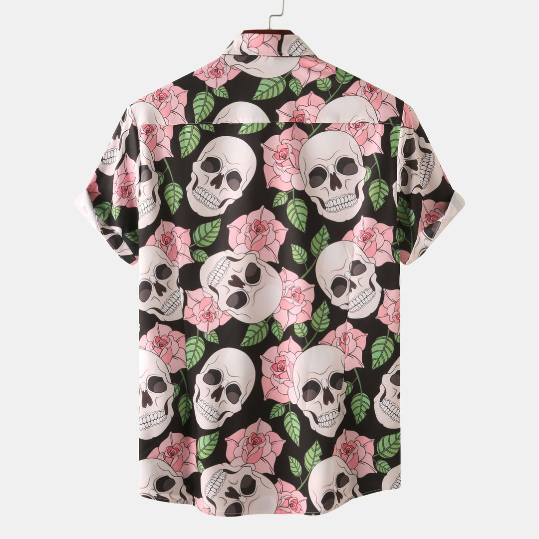 Herren Kurzarmhemd mit kreativem Totenkopf- und Blumenmuster EB 1757487585