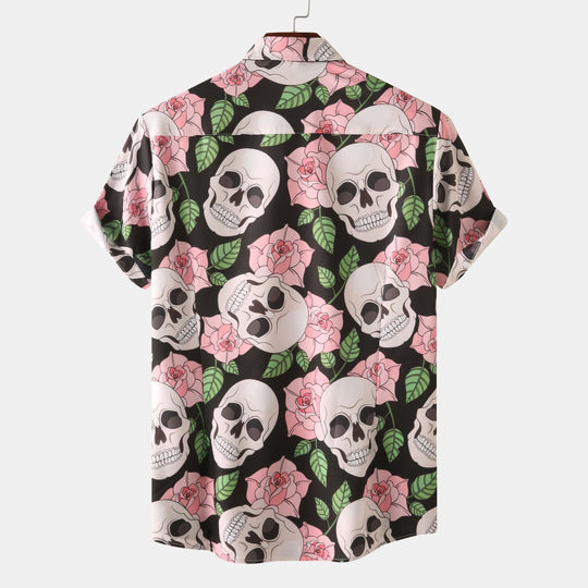 Herren Kurzarmhemd mit kreativem Totenkopf- und Blumenmuster EB 1757487585