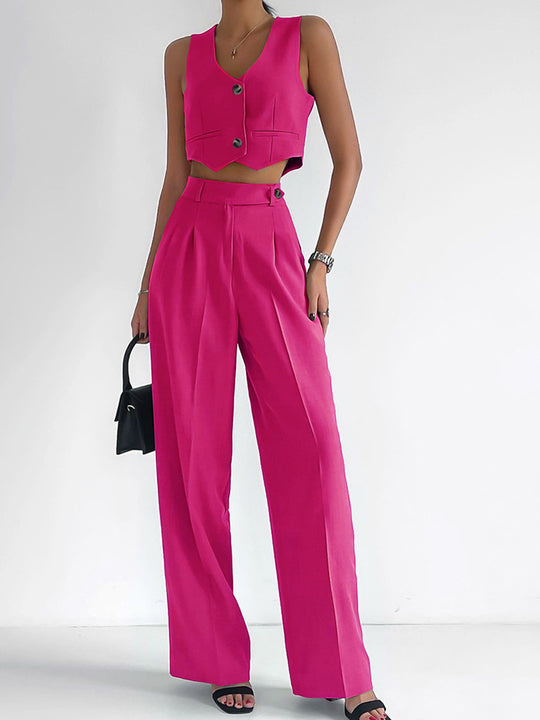 Damen Modisches Zweiteiler-Set aus ärmellosem Cropped Top und weiter Hose EB