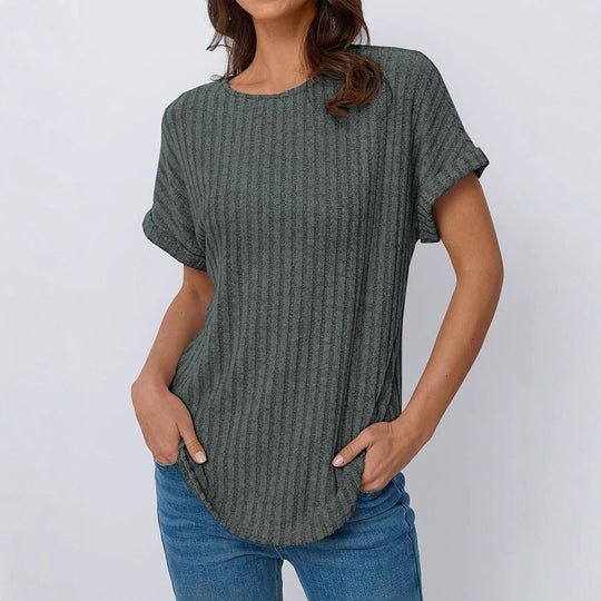 Damen lässiges T-Shirt im Ripp-Design mit umschlagenen Ärmeln EB