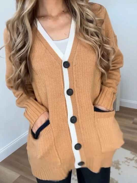 Damen Strickjacke mit Taschen und modernen Knöpfen EB
