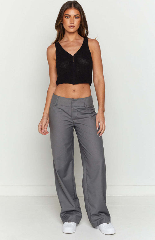 Damen gestricktes Crop-Top mit V-Ausschnitt und Reißverschluss-Detail EB