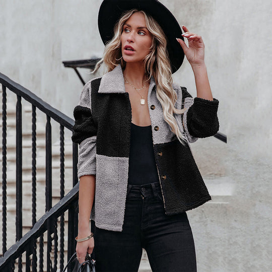 Damen kuschelige Oversized-Jacke im Patchwork-Stil EB