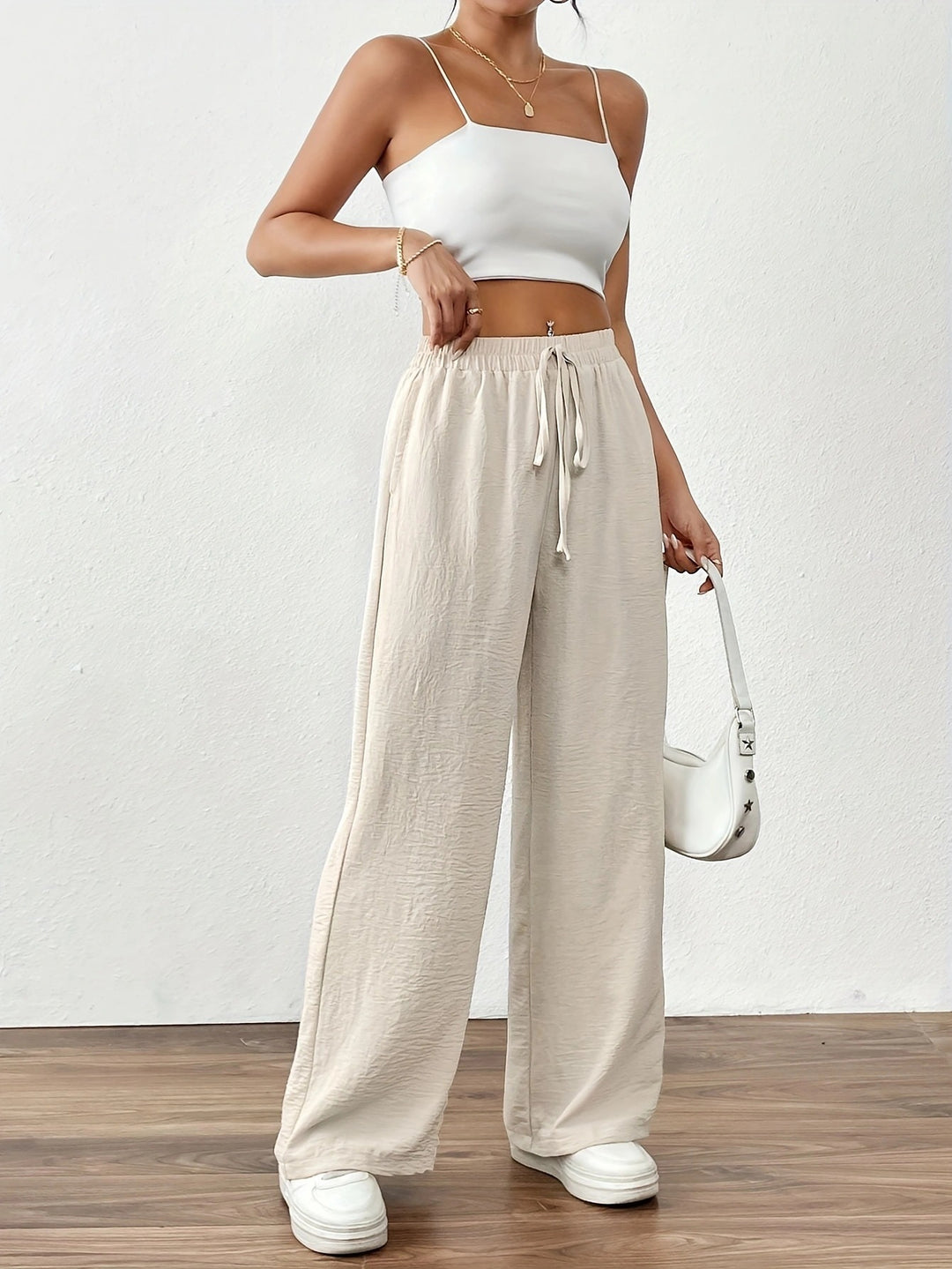 Damen Weit geschnittene Sommerhose mit elastischem Bund und Kordelzug EB