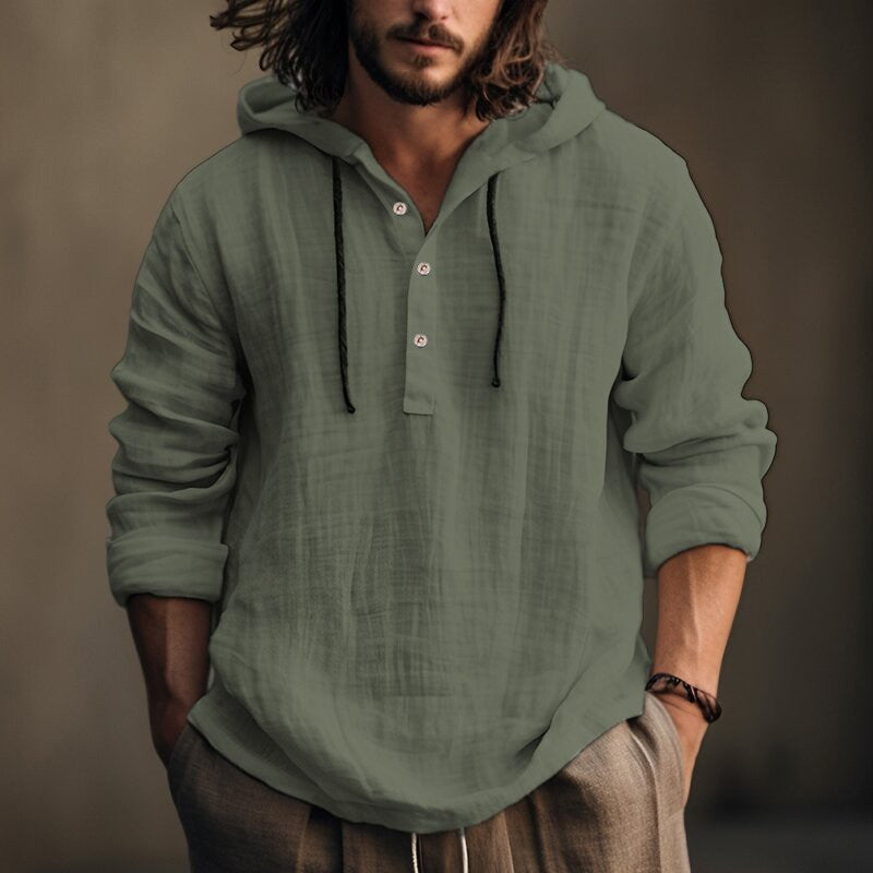 Herren nan Leichtes Kapuzenhemd im Leinenlook mit Henley-Knopfleiste EB