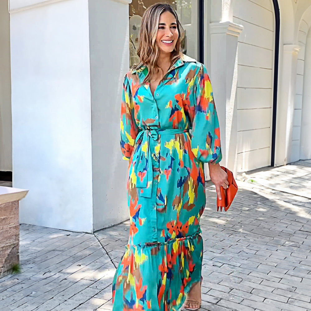 Damen Maxikleid mit floralen Akzenten und elegantem Gürtel EB