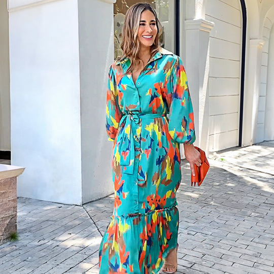 Damen Maxikleid mit floralen Akzenten und elegantem Gürtel EB