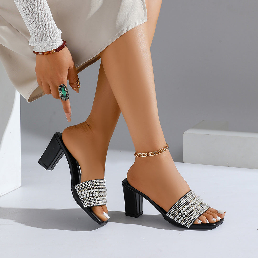 Damen Glamouröse Sandaletten mit funkelndem Strass und elegantem Blockabsatz EB