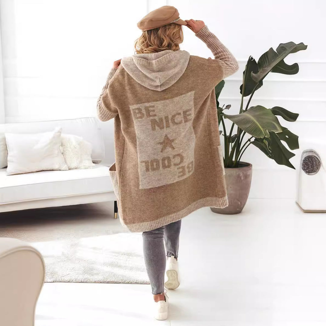 Damen Strickmantel mit Kapuze und modischem Farbblockdesign EB