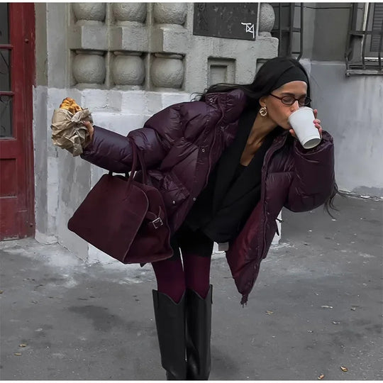 Damen modische oversized Daunenjacke mit Taillengürtel und seitlichen Taschen EB