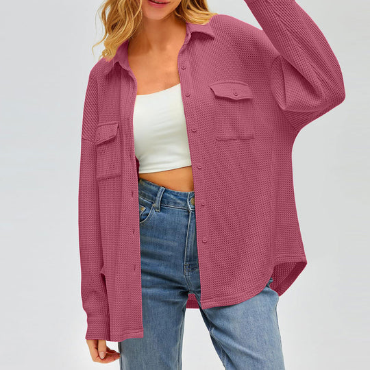 Damen nan oversized Waffelstrick Hemdjacke mit Brusttaschen und Knopfleiste EB
