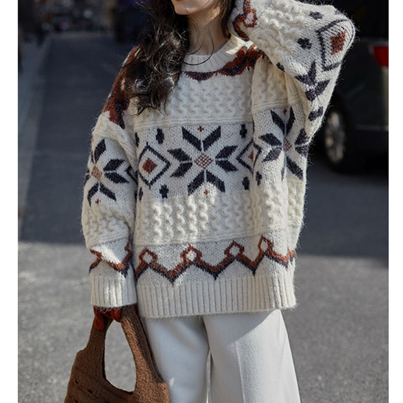 Damen Grobstrickpullover mit geometrischem Muster und Rundhalsausschnitt EB