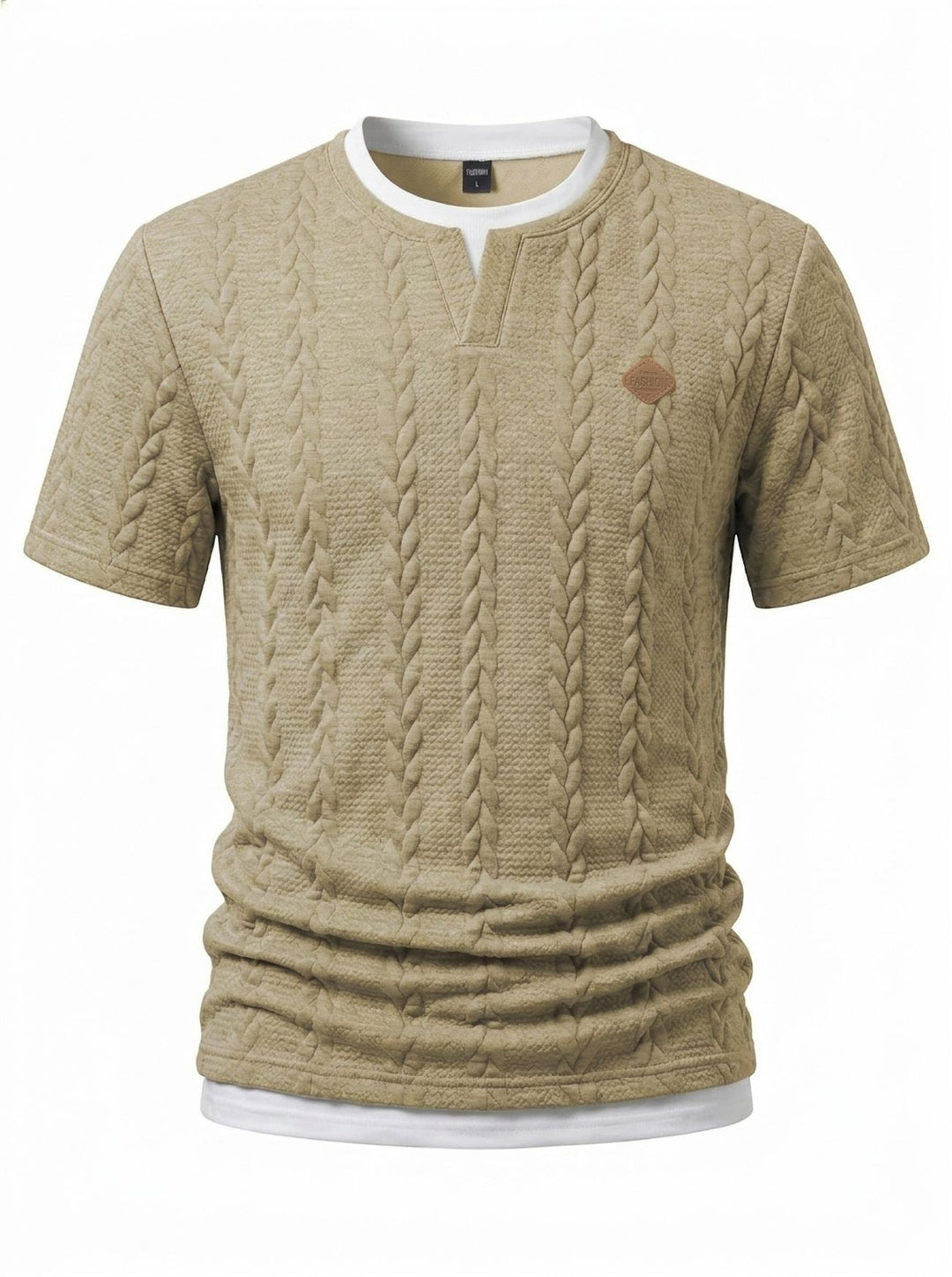 Herren nan texturiertes Kurzarmshirt mit geprägter Zopfstruktur, V‑Einsatz am Rundhals und Lagenlook EB