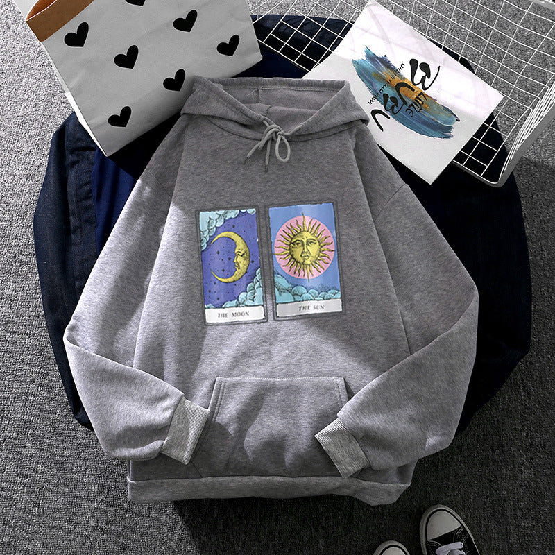 Damen nan leichter Oversize Kapuzenpullover mit Herz‑EKG‑Motiv, langen Kordeln und elastischem Bund EB
