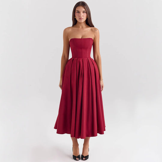 Damen Maxikleid mit schulterfreiem Design und voluminösem Saum EB
