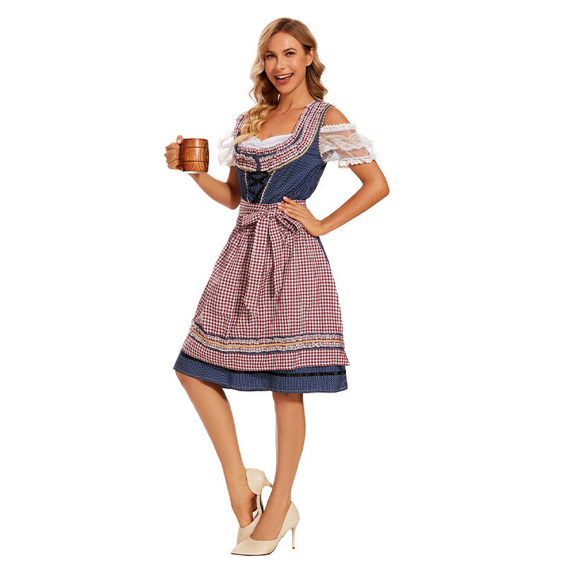 Damen nan traditionelles Trachtenkleid mit Schnürmieder, Spitzenärmeln und karierter Schürze EB