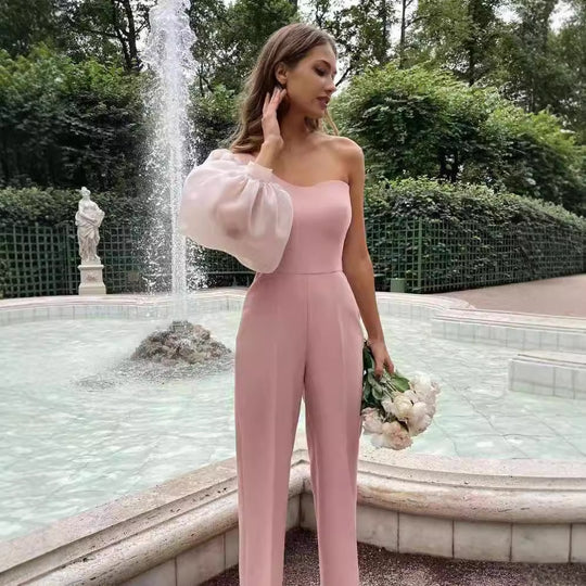 Damen Eleganter Einteiler mit asymmetrischem Schnitt und transparenten Ärmeln EB