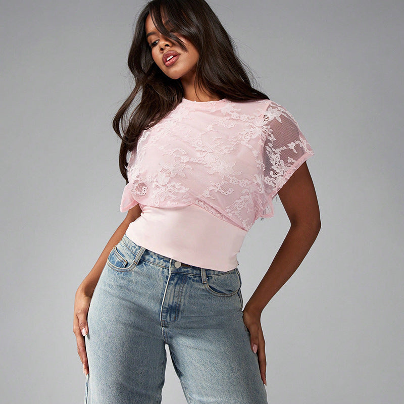 Damen Elegant strukturiertes Oberteil mit Spitzendetails EB