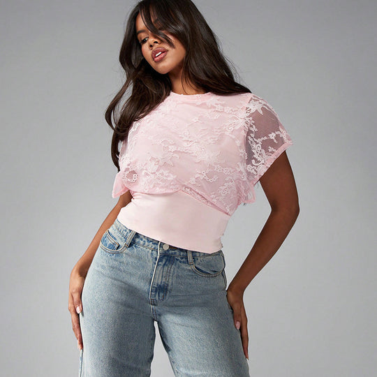 Damen Elegant strukturiertes Oberteil mit Spitzendetails EB