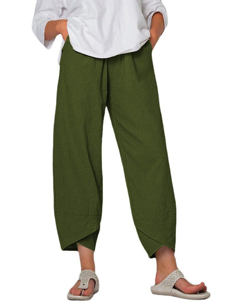 Damen nan lockere Leinenhose mit hohem Bund, Tulpen-Saum und seitlichen Eingrifftaschen EB