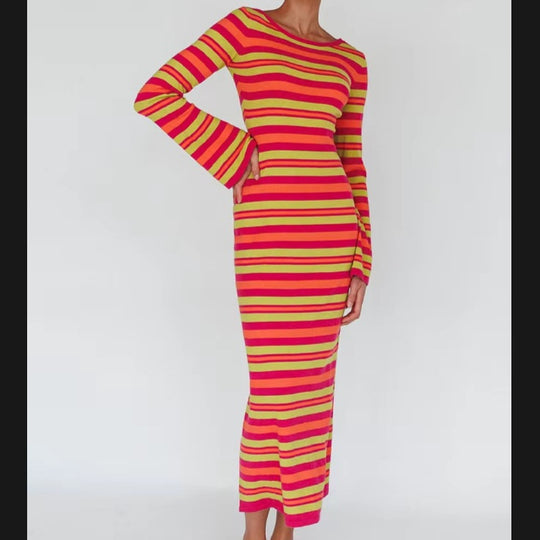 Damen Langarm-Kleid im modischen Streifenlook EB