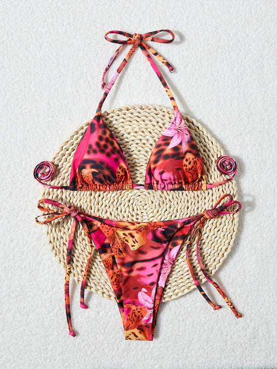 Damen Triangel-Bikini mit verstellbaren Bindebändern und animalischem Muster EB