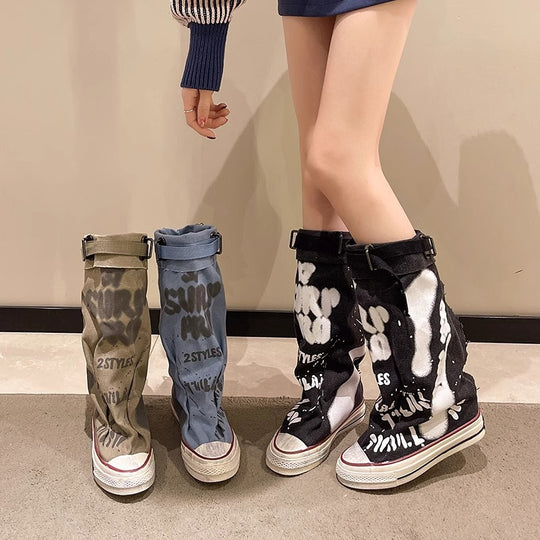 Damen Canvas-Gaiter-Boots mit integrierter Sneaker-Sohle und verstellbarem Schnallenriemen EB