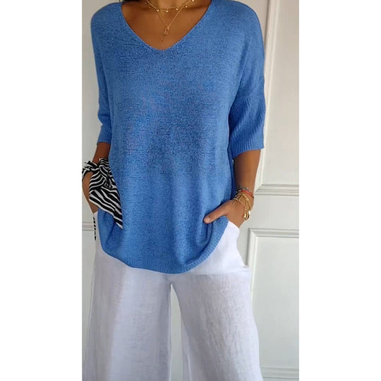 Damen nan locker sitzender V-Ausschnitt Feinstrickpullover mit dreiviertelÄrmeln EB
