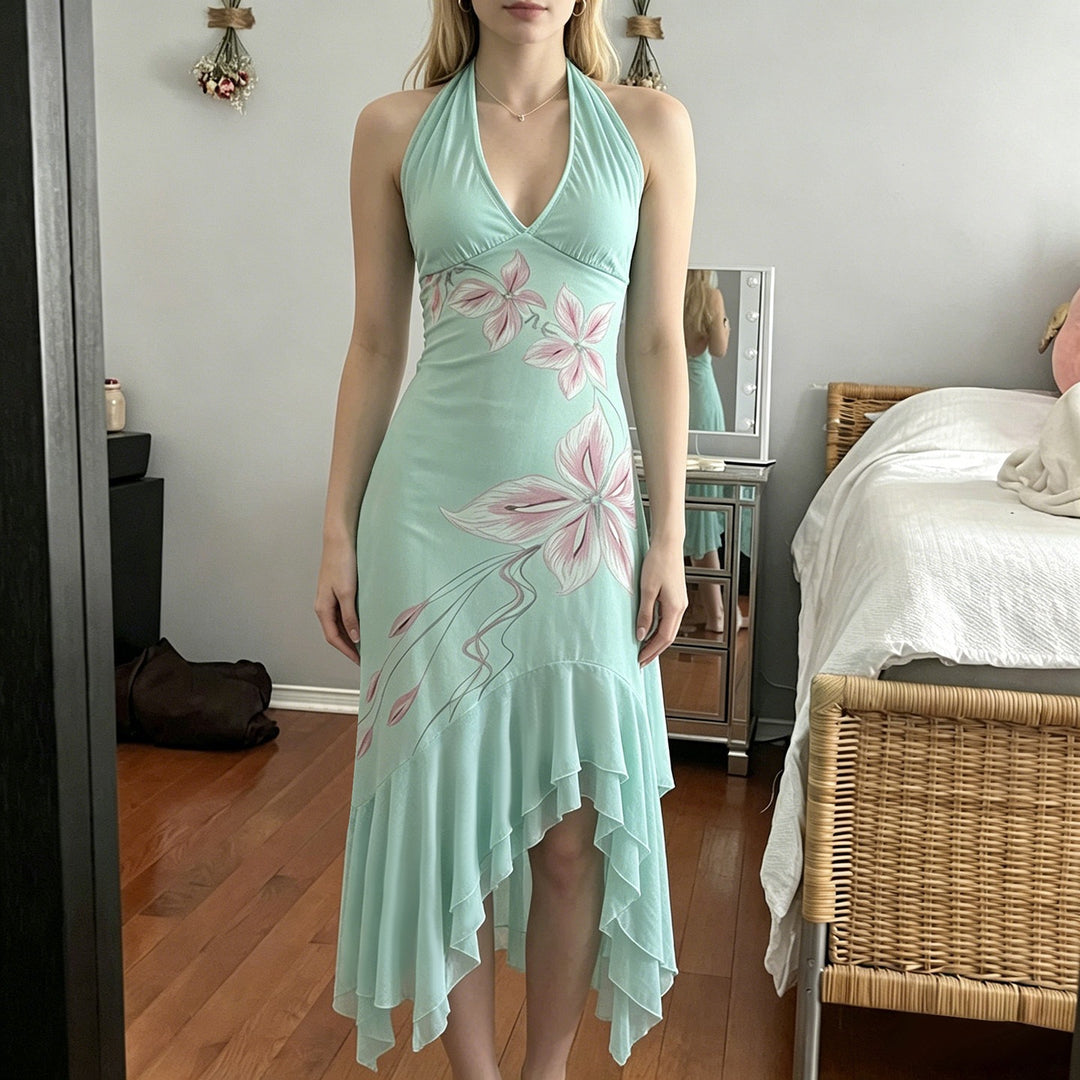 Damen Elegantes Maxikleid mit floralem Design und asymmetrischem Saum EB