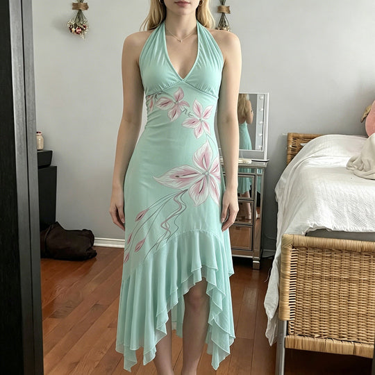 Damen Elegantes Maxikleid mit floralem Design und asymmetrischem Saum EB