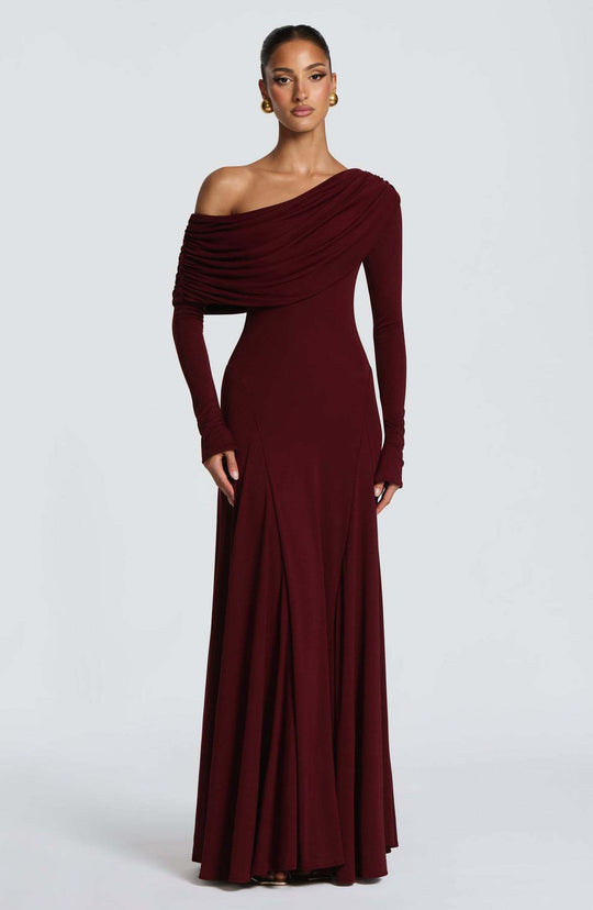 Damen Elegantes Langarm-Maxikleid mit asymmetrischem Drapierungsdetail EB