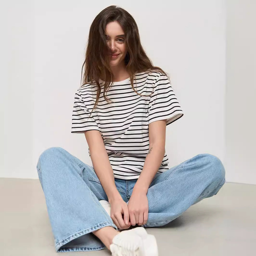 Damen lässiges gestreiftes T-Shirt aus Biobaumwolle EB