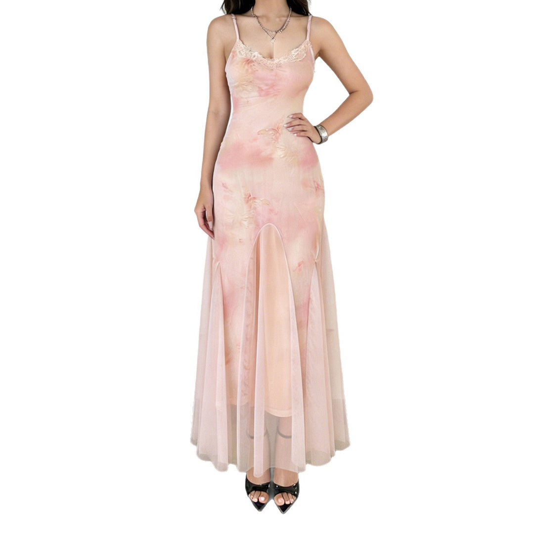 Damen elegantes Maxikleid aus transparenter Spitze und floralem Design EB