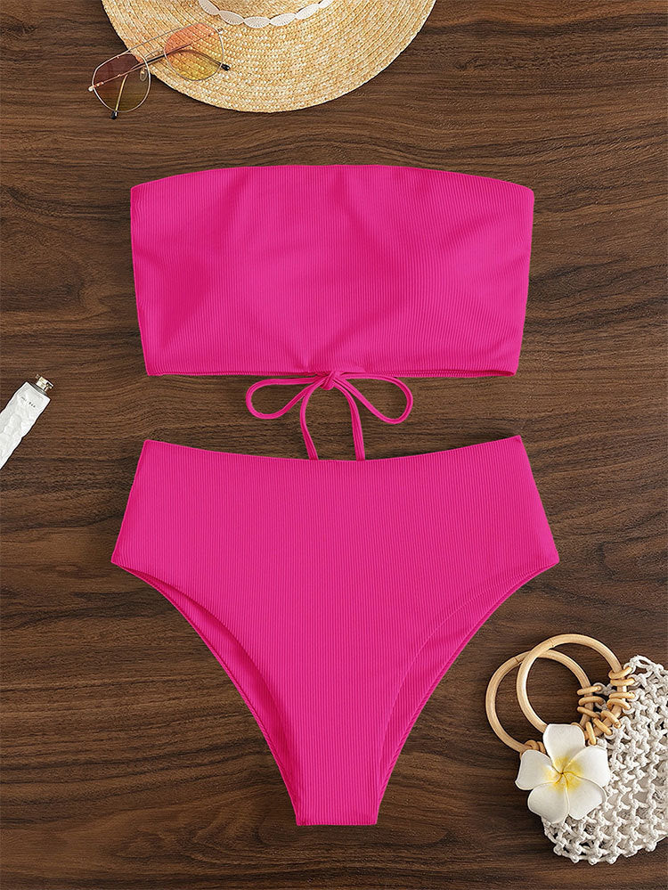 Damen Bandeau-Bikini-Set mit hohem Beinausschnitt und Bindedetails EB