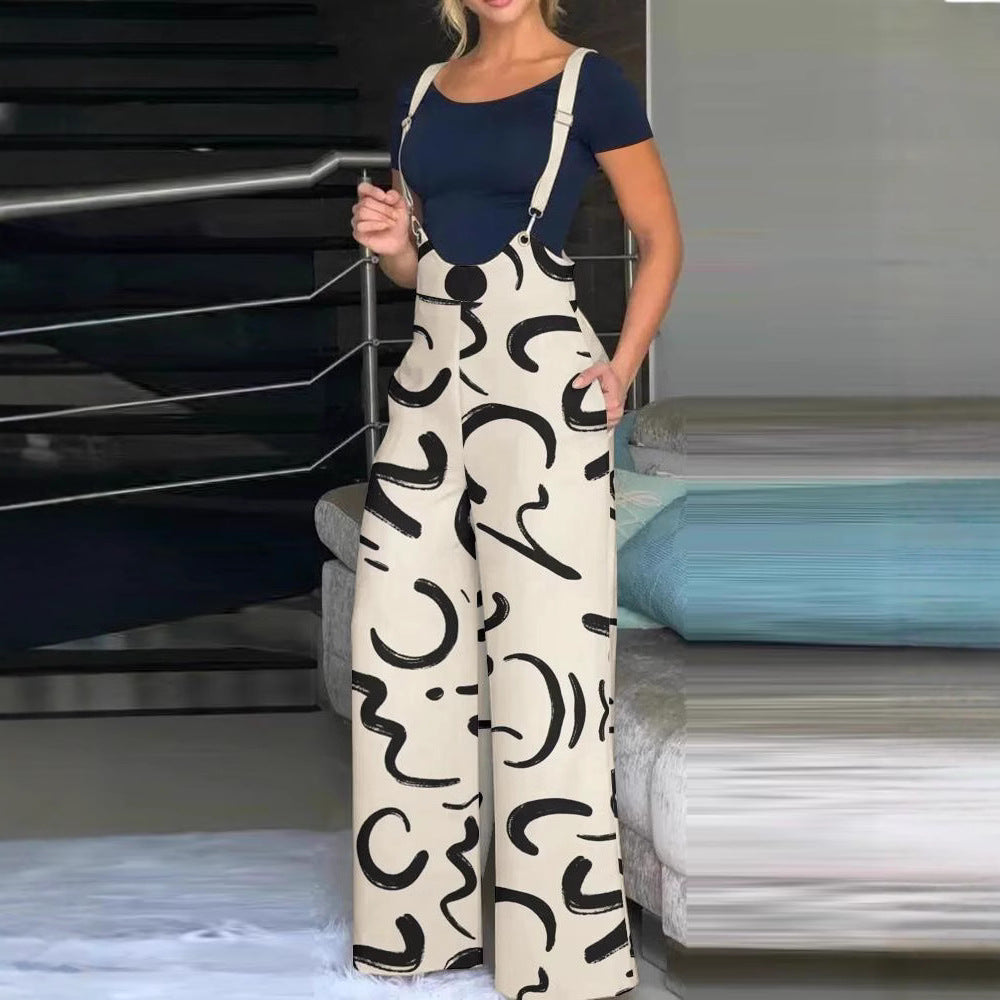 Damen modische Latzhose mit weitem Bein und buntem Grafikdesign EB