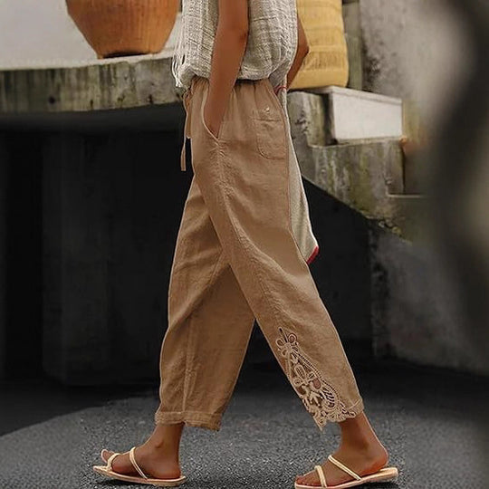 Damen luftige Leinenhose mit dekorativen Stickereien EB