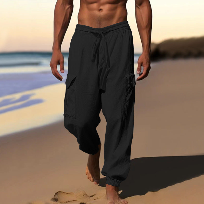 Herren nan luftige Leinen-Mix Strandhose mit Cargo-Taschen und elastischem Saum EB