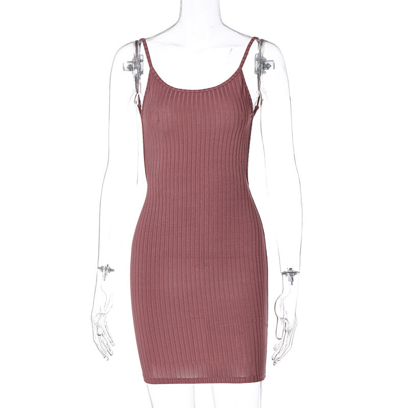 Damen figurbetontes Rippenkleid mit verstellbaren Spaghettiträgern EB