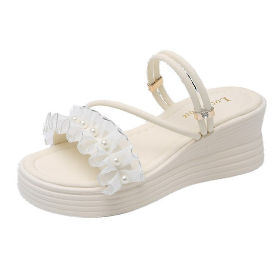 Damen Wedge-Sandalen mit Rüschen und Perlenverzierung EB