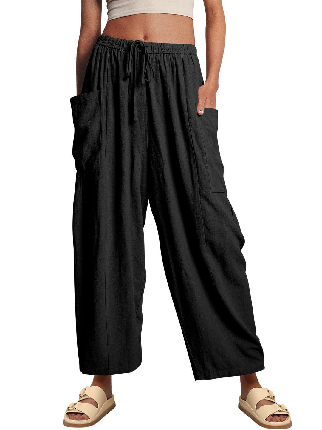 Damen nan weite Palazzohose aus leichtem Leinenmix mit Tunnelzug und seitlicher Tasche EB