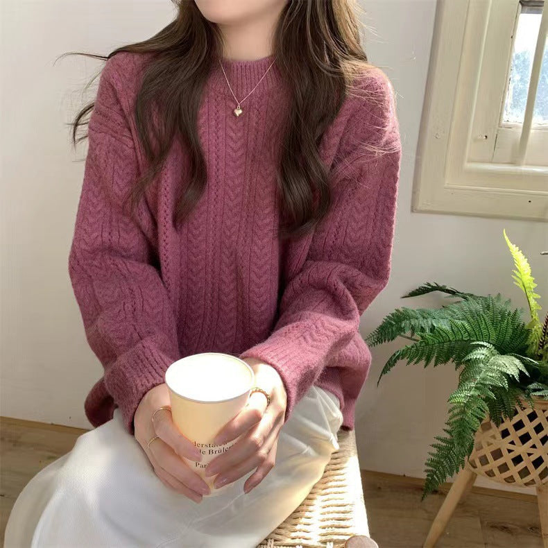 Damen Grobstrickpullover mit modernem Zopfmuster und hohem Rundhalsausschnitt EB