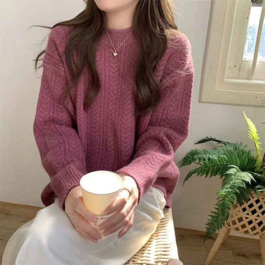 Damen Grobstrickpullover mit modernem Zopfmuster und hohem Rundhalsausschnitt EB
