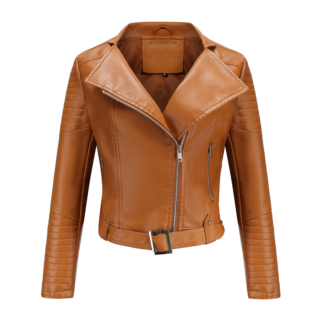 Damen nan kurz geschnittene Motorradjacke in Biker-Optik mit asymmetrischem Reißverschluss und gesteppter Ärmelpartie EB