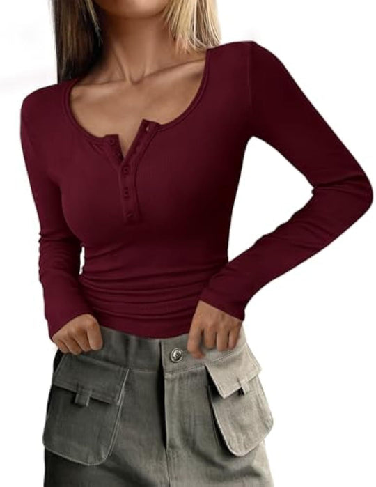 Damen Langärmeliges Rippshirt mit Henley-Knopfleiste und taillierter Passform EB