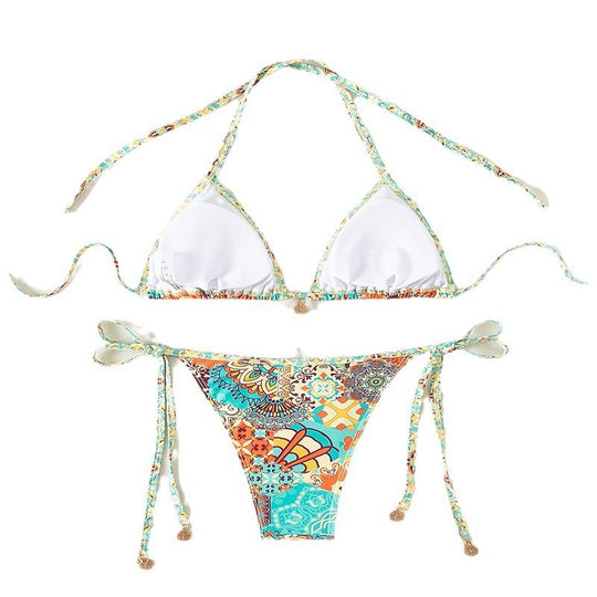 Damen Triangel-Bikini mit verspieltem Bindesystem und farbenfrohem Muster EB