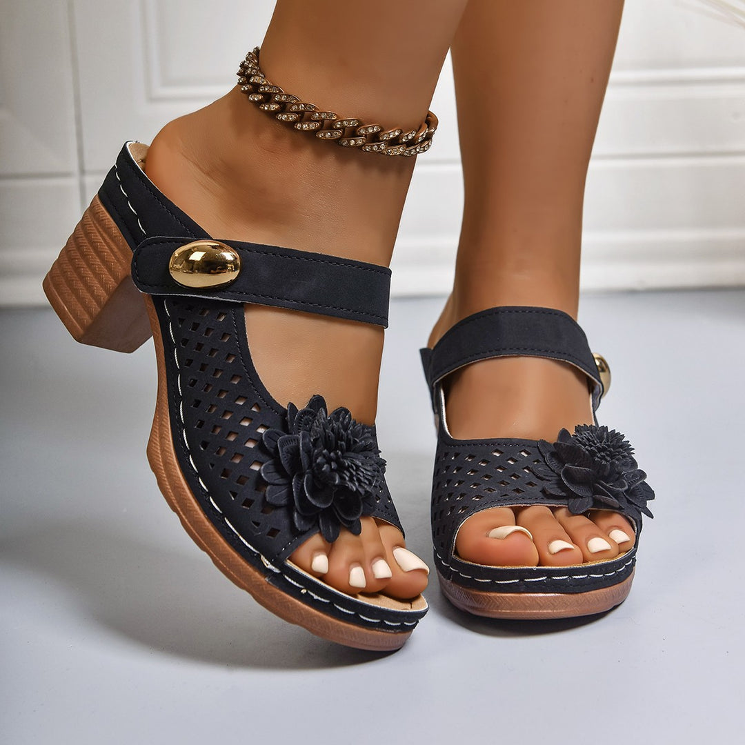 Damen Slide-Sandalen mit floraler Applikation und Blockabsatz EB