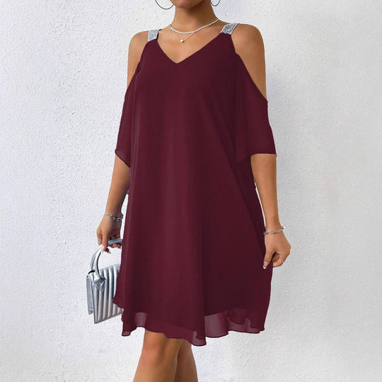Damen schulterfreies Flatterkleid mit glitzernden Trägern EB